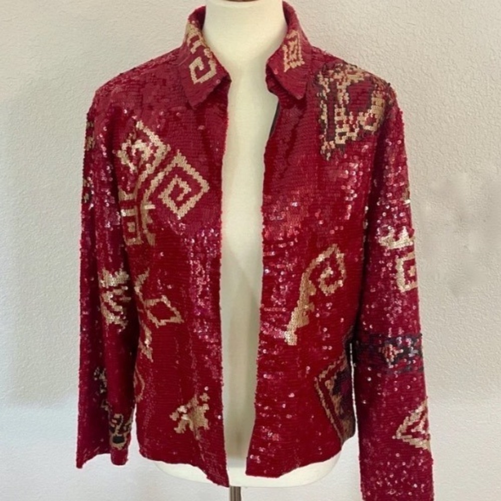 Chicos Red Sequin Geometric Open Front Jacket Size 3 XL Gold Black Sparkle Glam